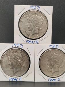 1922 & 1923 Peace Dollar Coins, U.S. Issued, 90% Silver Composition