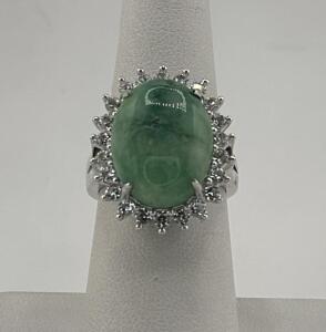 Emerald Ring, 13 Carat Oval Cabochon, Sapphire Corundum Setting, 925 Silver