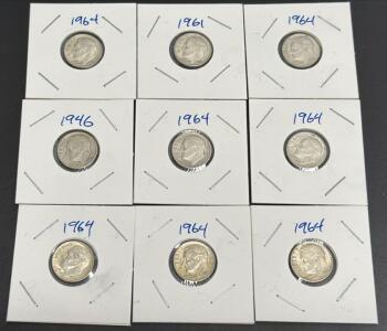 (9) Total 1946, 1961, 1964 U.S. Roosevelt Dimes, 90% Silver, No Mint Mark