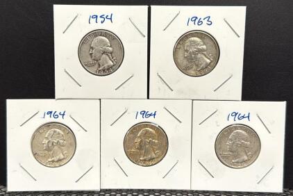 (5) 1954, 1963, 1964 Washington Silver Quarters, U.S. Mint, 90% Silver