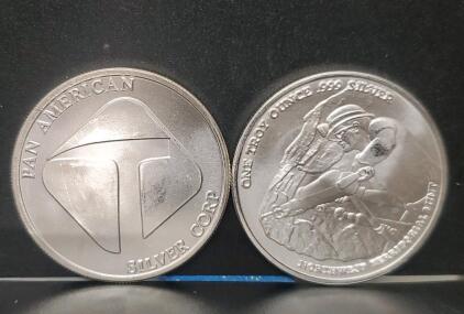 (2) Pan American Silver Corp Bullion Coins, Northwest Territorial Mint, 1 Troy Oz .999 Silver