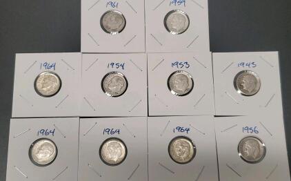 (10) 1943-1964 U.S. Roosevelt Silver Dime Collection, 90% Silver, Multiple Years