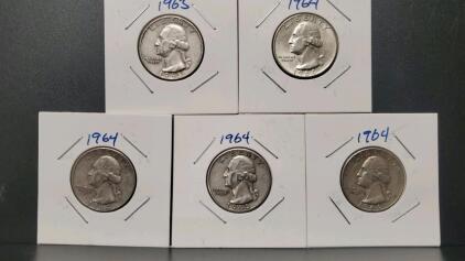 1963 & 1964 U.S. Washington Quarters, 90% Silver, No Mint Mark, John Flanagan Design