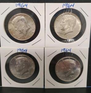 (4) 1964 Kennedy Half Dollars, 90% Silver, 0.4019 troy oz, 30.61 mm Diameter