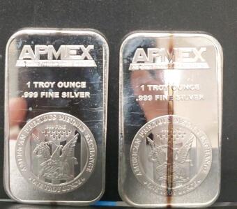 (2) APMEX 1 Troy Ounce .999 Fine Silver Bullion Bars