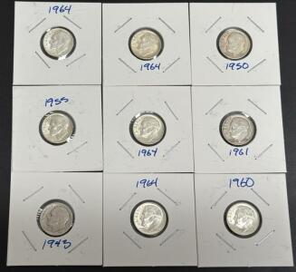Set of 9 Roosevelt Dimes 1943-1964, 90% Silver, U.S. Mint