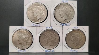 (5) Total 1922, 1925, 1928 Peace Dollar Coins, U.S. Mint, Multiple Years, Silver