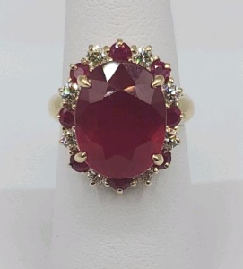 14K Yellow Gold Ring with 7.90 Carat Ruby Composite, Oval Mixed Cut