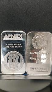 (2) APMEX 1 Troy Ounce .999 Fine Silver Bullion Bars, Made in U.S.A.