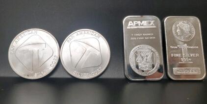 (4 Piece) APMEX & Pan American Silver Bullion, 1 Troy Ounce .999 Fine Silver, Various Designs