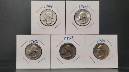 Washington Quarters 1941, 1944, 1957, 1963, 1964, 90% Silver