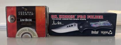Federal Premium Low ReCoil 20 Centerfire Pistol Cartridges 45 Auto 165 Gr. Hydra-Shock And Gil Hibben Pro Folder Tailwind Assisted-Open Knife