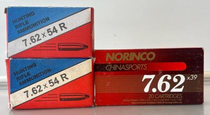 (2) Unopened Hunting Rifle Ammunition 7.62x54R 20 Cartridges Lead Core Bullets Soft Point Boat Tail W/ (1) Norinco Chinasports 7.62x39 20 Cartridges 124 Gr. SP Lead Core Bullets