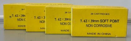 (4) Boxes Of 20 Cartridges 7.62x39mm Soft Point Non Corrosive