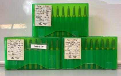(3) Boxes Of Hand-Loaded 7mm STW 160 Gr. Sierra BTS Rifle Cartridges