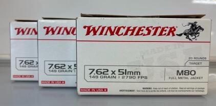 (3) Winchester (20) Rounds 7.62 x51mm 149 Gr. Full Metal Jacket M80 Ammunition
