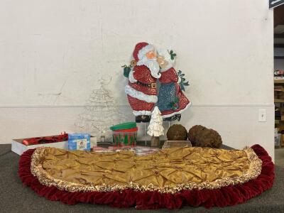 Christmas Lot Including, Tree Skirt, Picture Holder Tree, Ornaments, Mr. And Mrs. Clause Metal Decor