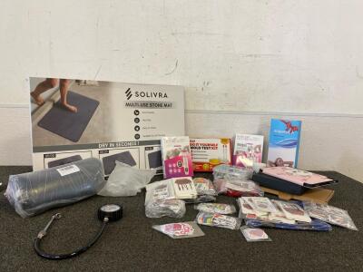 (ALL NEW) Solivra Stone Mat, (2) 5in1 Grooming Kits, Neck Brace, Lumbar Support Pillow, (2) Tourniquets, Universal Intelligent Charger, Drywall Anchors, Packs Of Stickers, IPad Case, Mold Test Kit, And More
