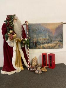 Christmas Lot Including 46&rdquo; Santa Claus, Thomas Kinkade Light Up Tapestry 35&rdquo;x25&rdquo;, (5) Potpourri Mixes, (2) Watch Boxes