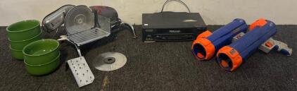 Vintage Rival Electric Food Slicer, Glass Bowls Set, Sylvania VHS Player & (2) Nerf Dog Tennis Ball Blasters