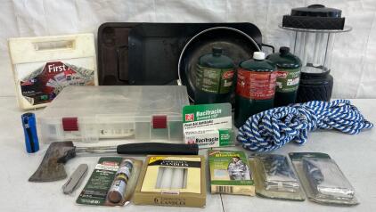 Camping Goods Including Lantern, Propane, Dishes, Survival Gear, Fishing Tackle & More