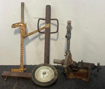 Fairbanks Morse Water Pump, Fence Post Driver, Goldenrod Fence Stretcher & Vintage Wheel