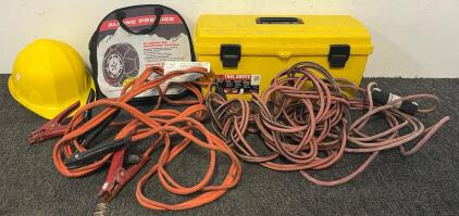 Toolbox W/ Tools, Tire Chains, (2) Extention Cords & Jumper Cables & More