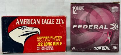 Box Of Federal Top Gun 12-Gauge Shotshells & Box Of American Eagle .22<br/>Long Rifle Ammunition