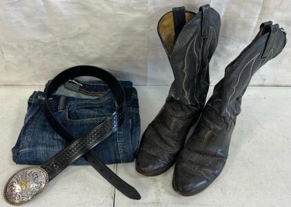 Leather Cowboy Boots, Hired Hand Leather Belt, Nocona Belt Buckle & Buffalo 32x30 Jeans