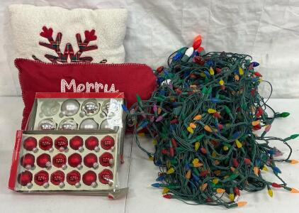 Christmas Decor Including Lights, Ornaments & Decorative Pillows