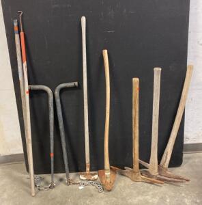 Tools Including (3) Pick Axes, (2) Hoes, Round Bar Weight Distribution Hitch