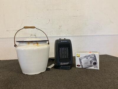 Vintage Metal Pot, Mini Comfort Zone Heater (Works), New Coolpix Digital Camera