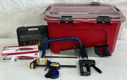 Tools Including Oscillating Multi Tool, Saws, Socket & Bit Set, Stanley Stapler, Irwin Clamp & Husky 20 Gallon Storage Tub