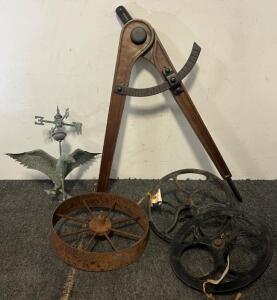 Rustic Home Decor Including Antique Wheels / Pulleys, Weathervane & Protractor