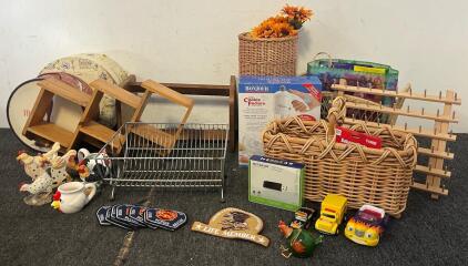 Home Goods Including Wood & Wicker, Glass Figures, Hatboxes, Cookie Factory Cookie Kit & More