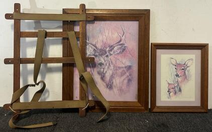 Vintage Wooden Packboard Frame, &ldquo;The Silent Buck&rdquo; By K Maroon Framed Print & &ldquo;Deer & Fawn&rdquo; By Paul Whitney Hunter Framed Print