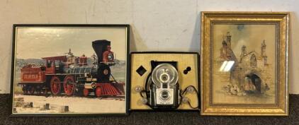 Antique Brownie Starflash Camera, Framed Painting, & Framed Photograph