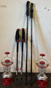 (2) Pairs of Black Diamond Trekking Sticks & (2) Battery Operated GE Steel Beam Fluorescent Lanterns