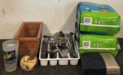 (2) 14pc Prevail Per-Fit Daily Underwear Packages, Tray of Cutlery, Clay Planter, & More