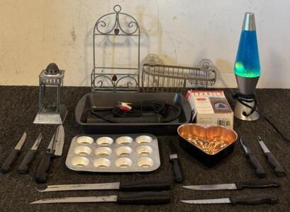 Lava Lamp, (2) Baking Trays, Spanish Learning Course, (10) Quality Kitchen Knives, & More