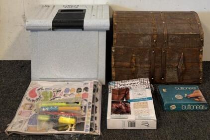 Small Wooden Chest, Small Plastic Tote, & Crafting Materials