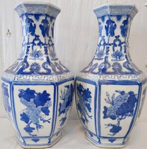 (2) Vintage Chinese Blue and White Porcelain Vase With a Hexagonal Shape. 14"X7"X7"