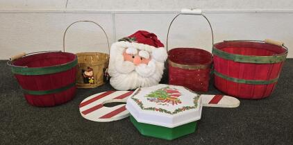Santa Fiber Optic Light-up Santa Head, (4) Christmas Theme Baskets, Tin And Wooden CandyCane