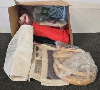 Box Of Assorted Fabrics And Cross Stitch Mats