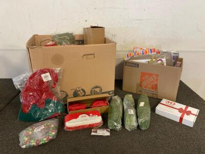 Large Assortment Of Christmas Decor And Apparel, Plus Box Of Birthday Decor