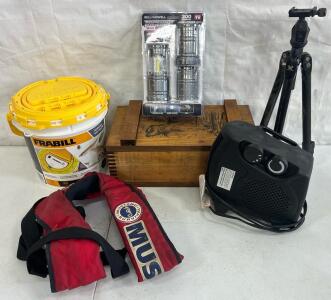Camping & Sporting Goods Including Vortex Tripod, 3 Pack Bell+Howell Taclight Lanterns, Mustang Survival HIT, Space Heater, Aerated Bait Bucket & Wooden Crate Box