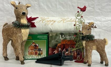 Christmas Decor Including Nativity Set, Porcelain Lighted House, Reindeer, Pillow & More