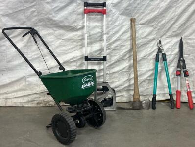 Basic Broadcast Spreader, Hedge Shears, Double Bit Axe & Magna Cart Hand Truck
