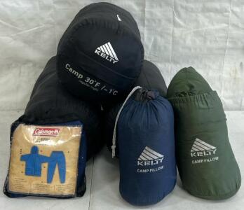 (3) Sleeping Bags, (2) Camp Pillows & Rainsuit