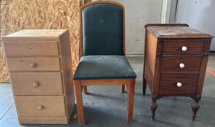 (2) Small Cabinets H 2&rsquo; 4&rdquo; W 1&rsquo; 3.5&rdquo; L 1&rsquo; 5&rdquo;, H 2&rsquo; 4.5&rdquo; W 1&rsquo; 4&rdquo; L 11.5&rdquo; And Green Chair H 3&rsquo; 1&rdquo; W 1&rsquo; 6&rdquo; L 1&rsquo; 6.5&rdquo;